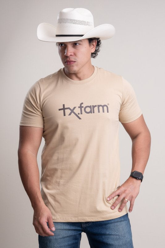 CAMISETA MASCULINA TEXAS FARM - CM258 - BEGE AREIA/ MARROM CAFE