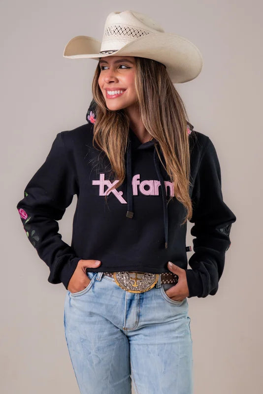 MOLETOM CROPPED FEMININO TEXAS FARM – FLORAL SILVESTRE – MCF002 – PRETO