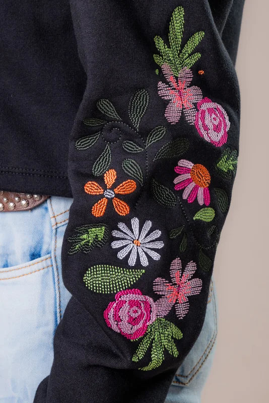 MOLETOM CROPPED FEMININO TEXAS FARM – FLORAL SILVESTRE – MCF002 – PRETO