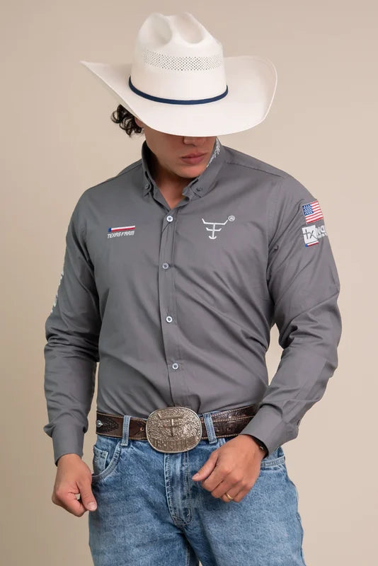 CAMISA COMPETICAO MASCULINA MANGA LONGA TEXAS FARM - CP009 - CINZA CHUMBO/ CINZA